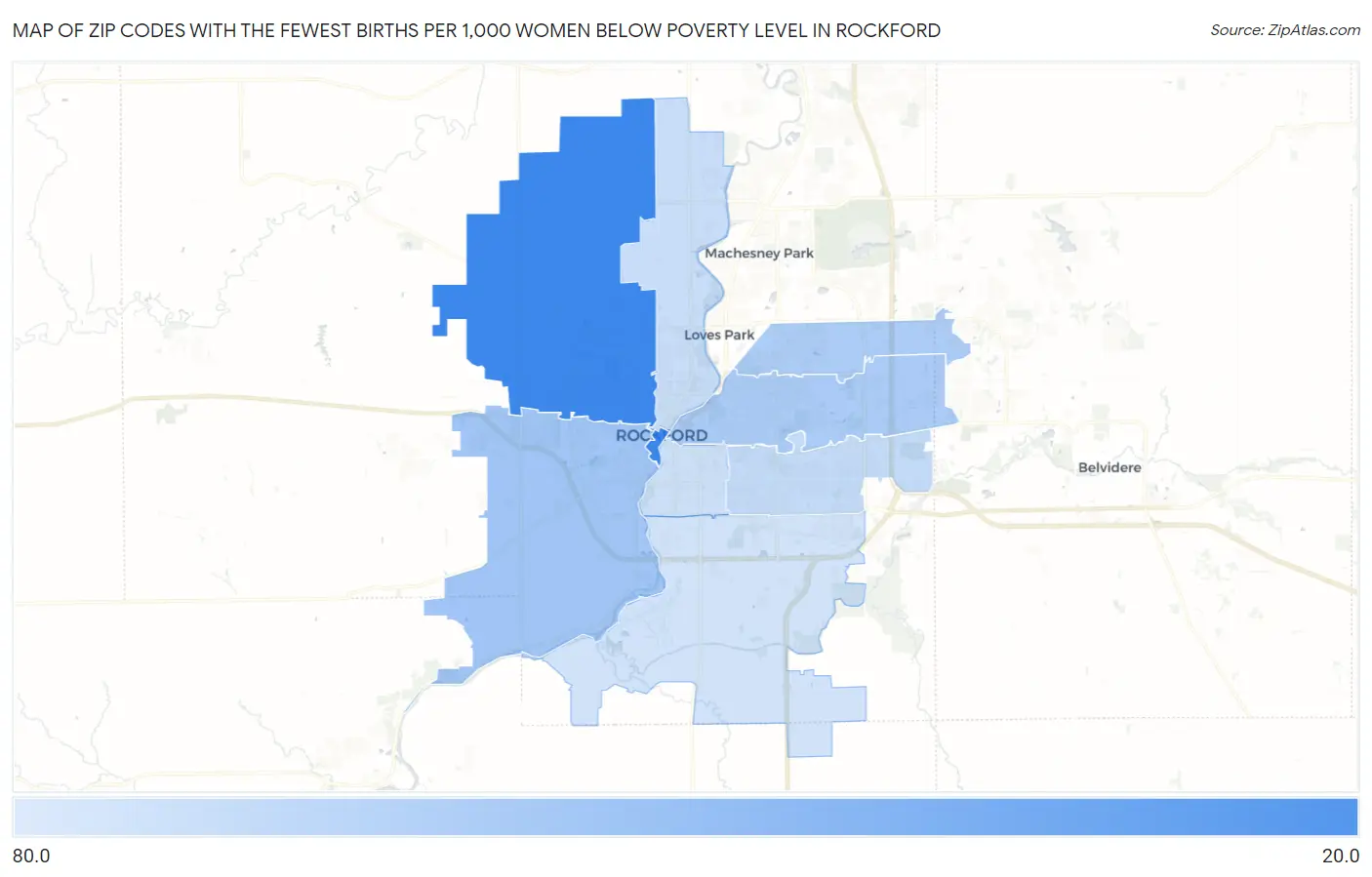 Zip Codes with the Fewest Births per 1,000 Women Below Poverty Level in Rockford Map