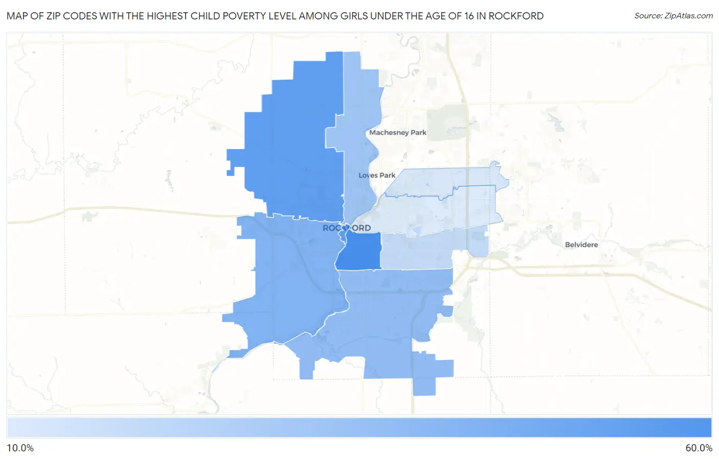 Zip Codes with the Highest Child Poverty Level Among Girls Under the Age of 16 in Rockford Map
