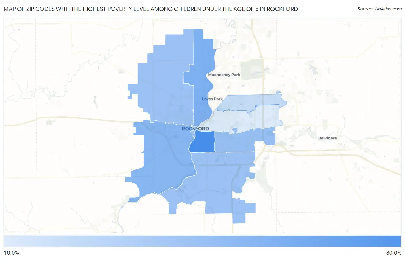 Zip Codes with the Highest Poverty Level Among Children Under the Age of 5 in Rockford Map