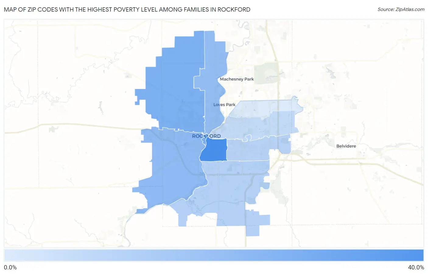 Zip Codes with the Highest Poverty Level Among Families in Rockford Map