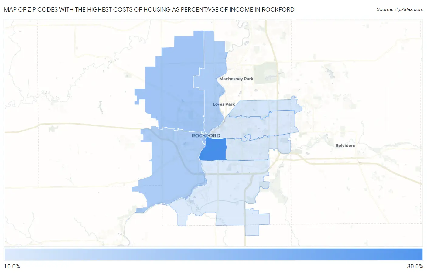 Zip Codes with the Highest Costs of Housing as Percentage of Income in Rockford Map
