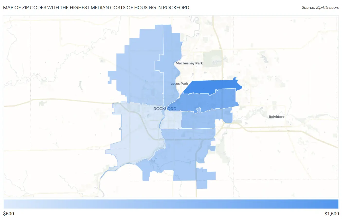 Zip Codes with the Highest Median Costs of Housing in Rockford Map