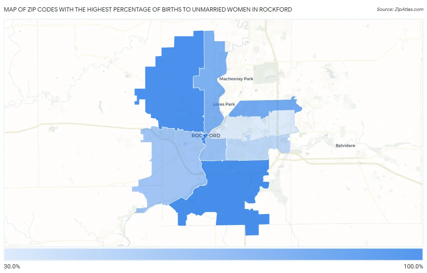 Zip Codes with the Highest Percentage of Births to Unmarried Women in Rockford Map