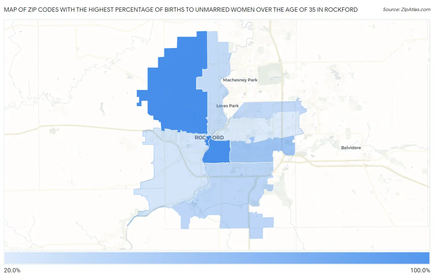 Zip Codes with the Highest Percentage of Births to Unmarried Women over the Age of 35 in Rockford Map