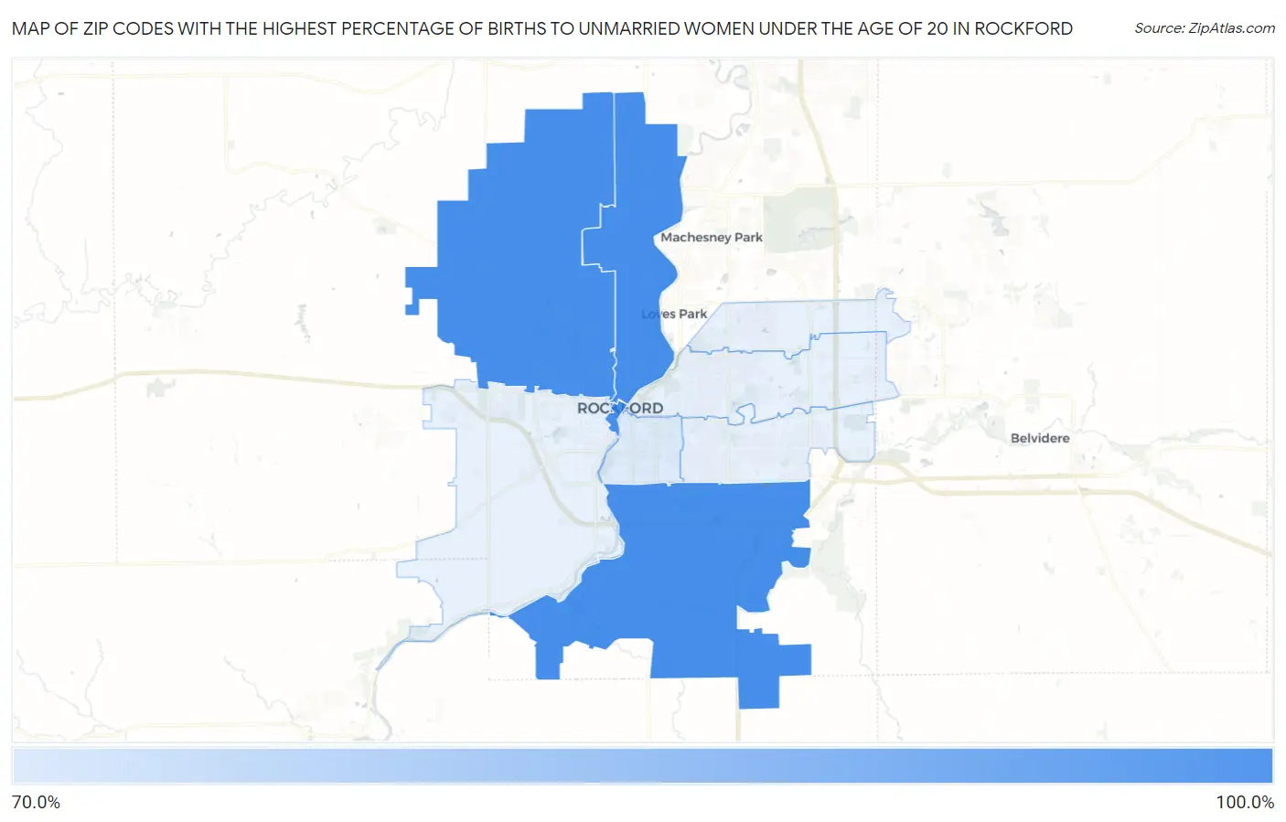 Zip Codes with the Highest Percentage of Births to Unmarried Women under the Age of 20 in Rockford Map