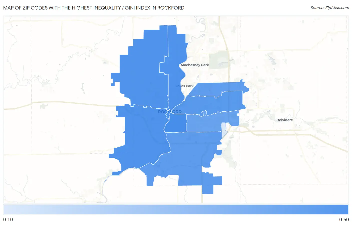 Zip Codes with the Highest Inequality / Gini Index in Rockford Map