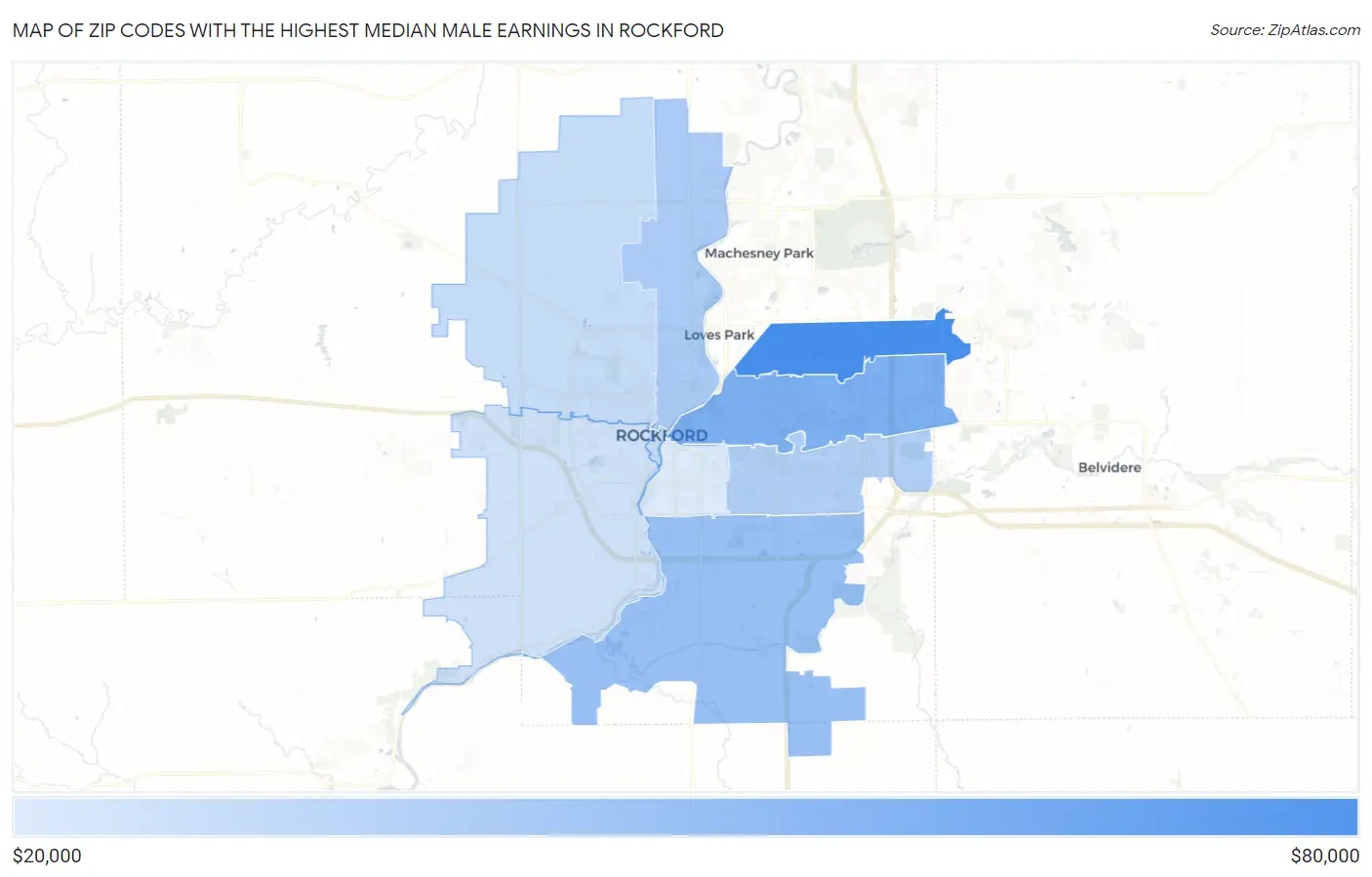 Zip Codes with the Highest Median Male Earnings in Rockford Map