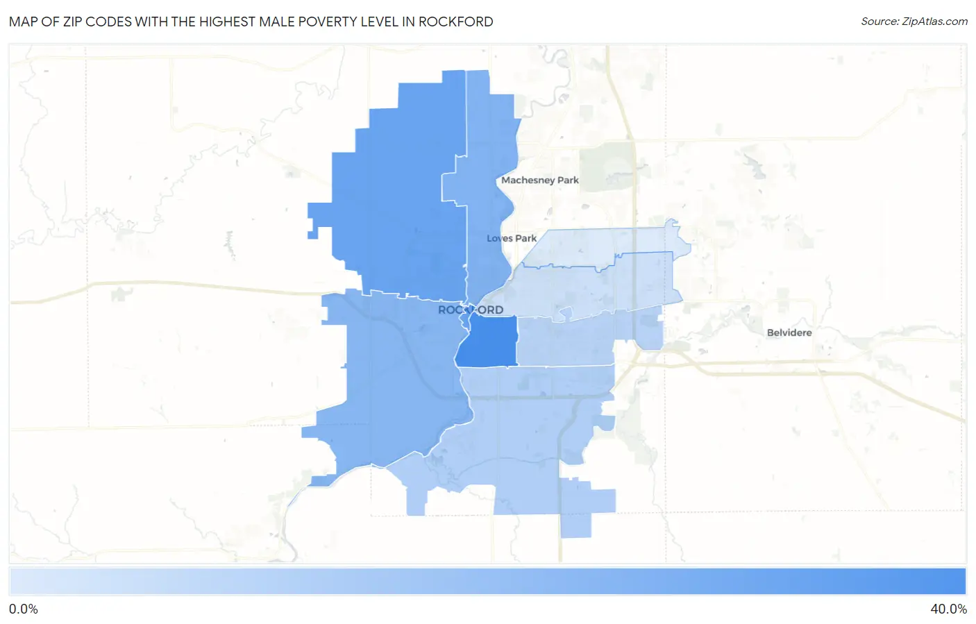 Zip Codes with the Highest Male Poverty Level in Rockford Map