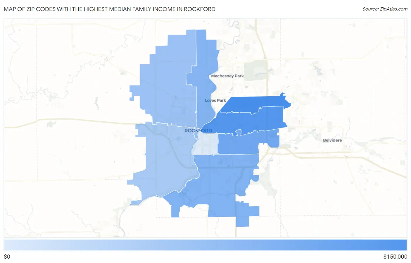 Zip Codes with the Highest Median Family Income in Rockford Map