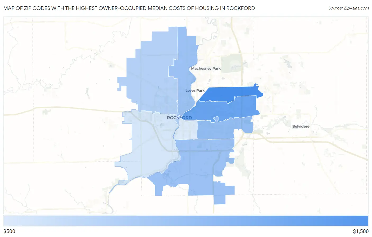 Zip Codes with the Highest Owner-Occupied Median Costs of Housing in Rockford Map