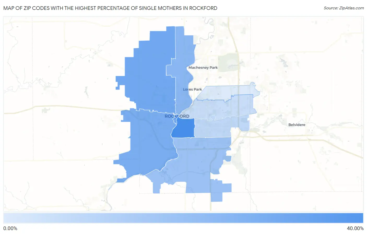 Zip Codes with the Highest Percentage of Single Mothers in Rockford Map