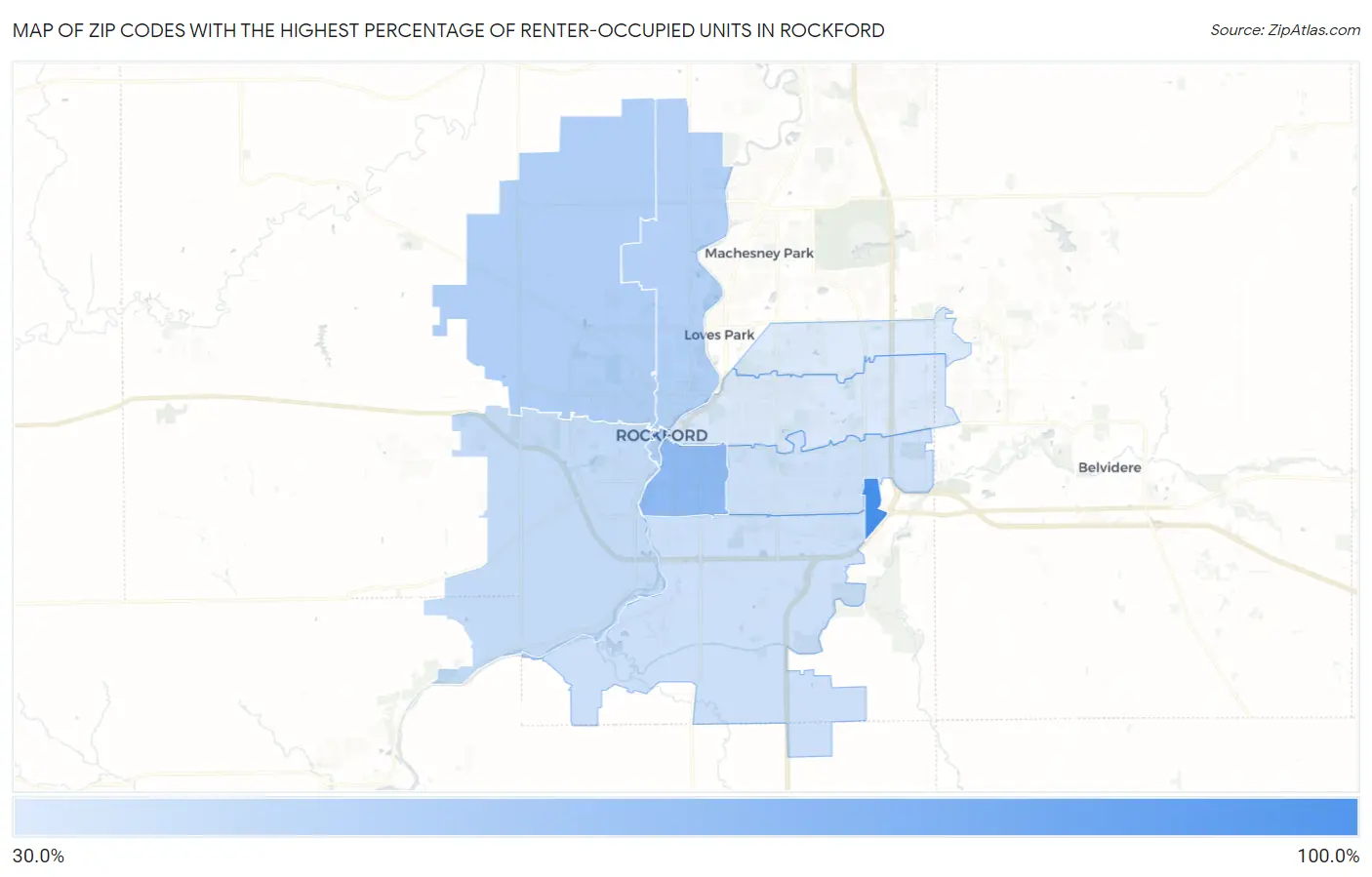 Zip Codes with the Highest Percentage of Renter-Occupied Units in Rockford Map