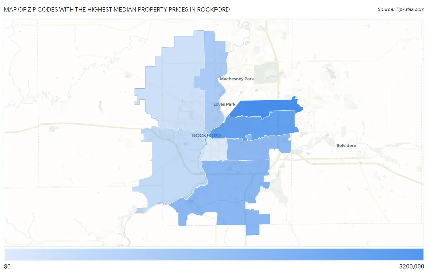 Zip Codes with the Highest Median Property Prices in Rockford Map