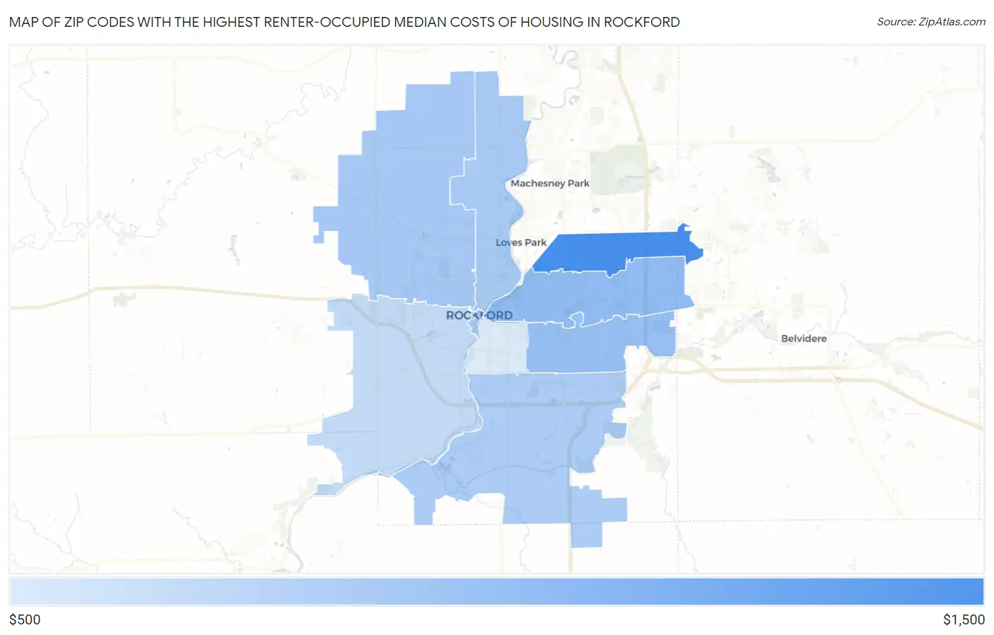 Zip Codes with the Highest Renter-Occupied Median Costs of Housing in Rockford Map
