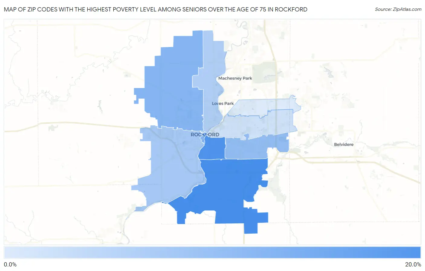 Zip Codes with the Highest Poverty Level Among Seniors Over the Age of 75 in Rockford Map