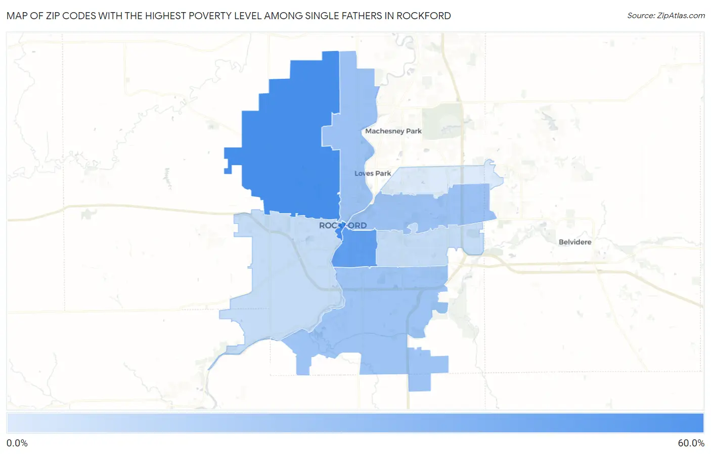 Zip Codes with the Highest Poverty Level Among Single Fathers in Rockford Map