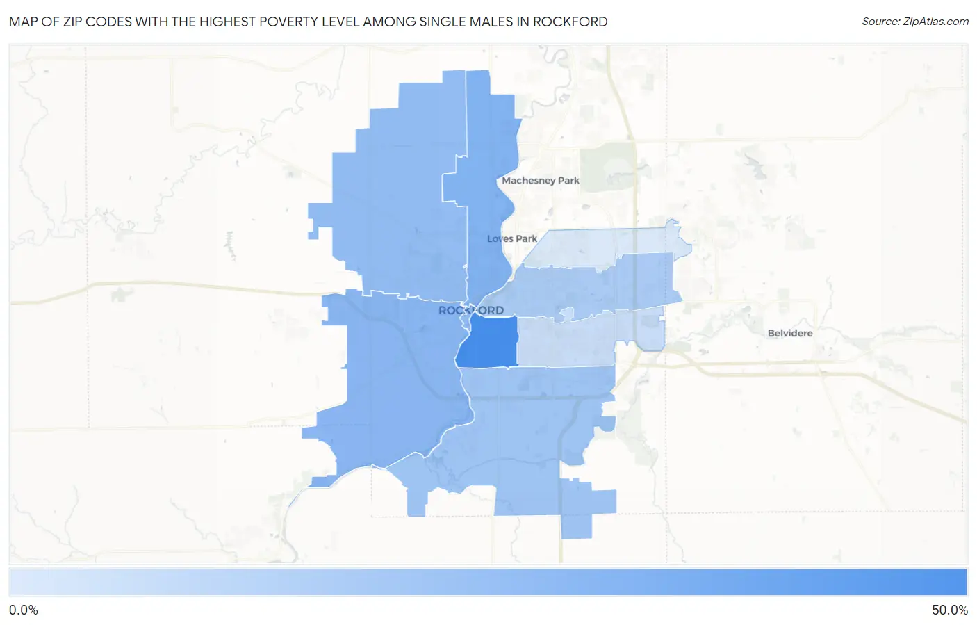 Zip Codes with the Highest Poverty Level Among Single Males in Rockford Map