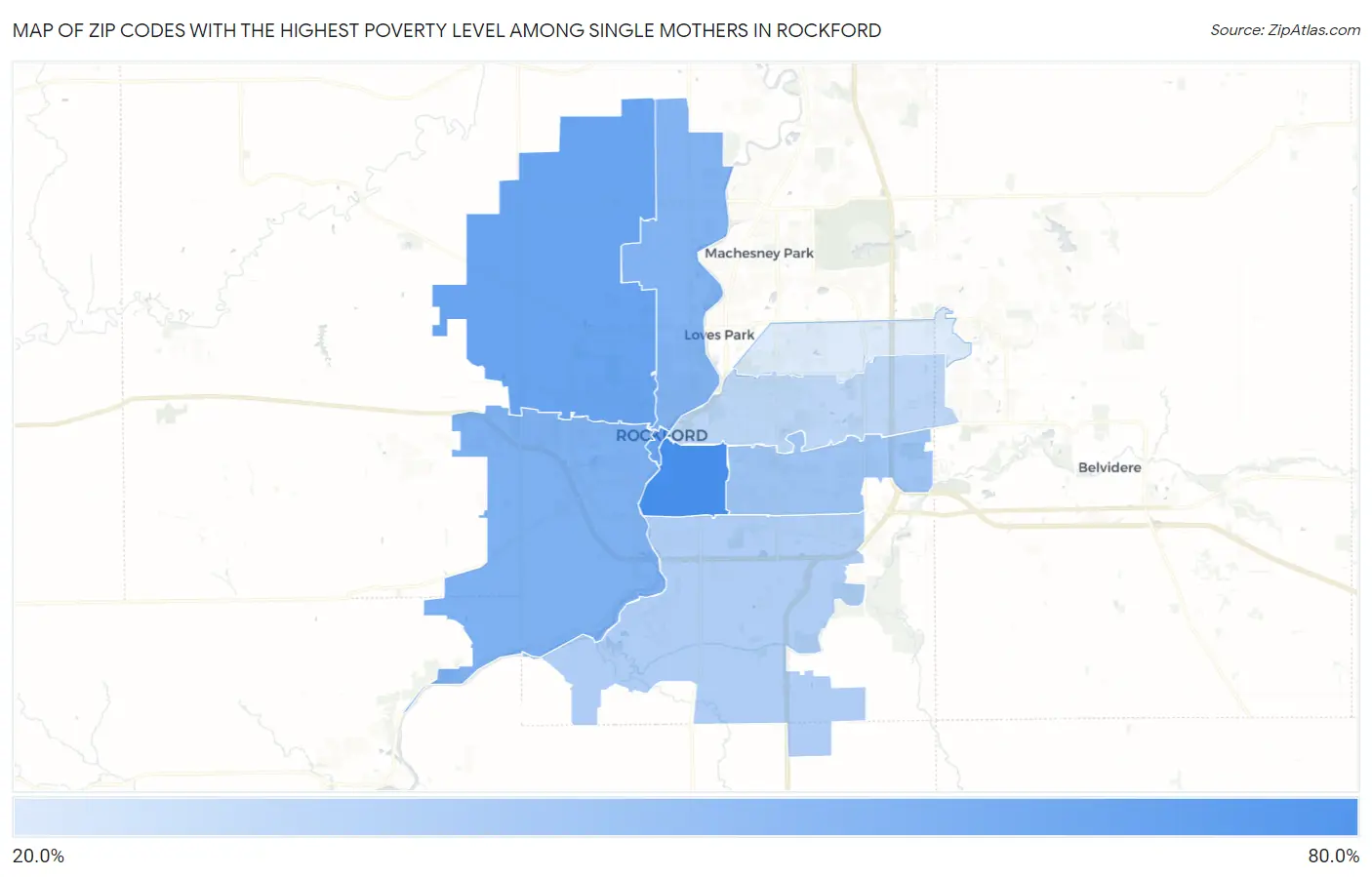 Zip Codes with the Highest Poverty Level Among Single Mothers in Rockford Map