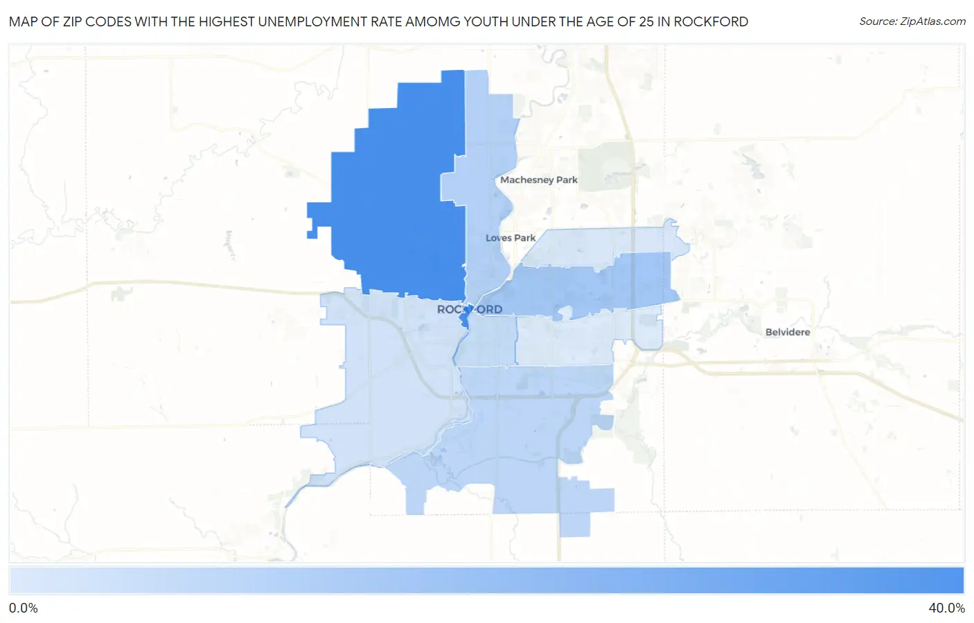 Zip Codes with the Highest Unemployment Rate Amomg Youth Under the Age of 25 in Rockford Map