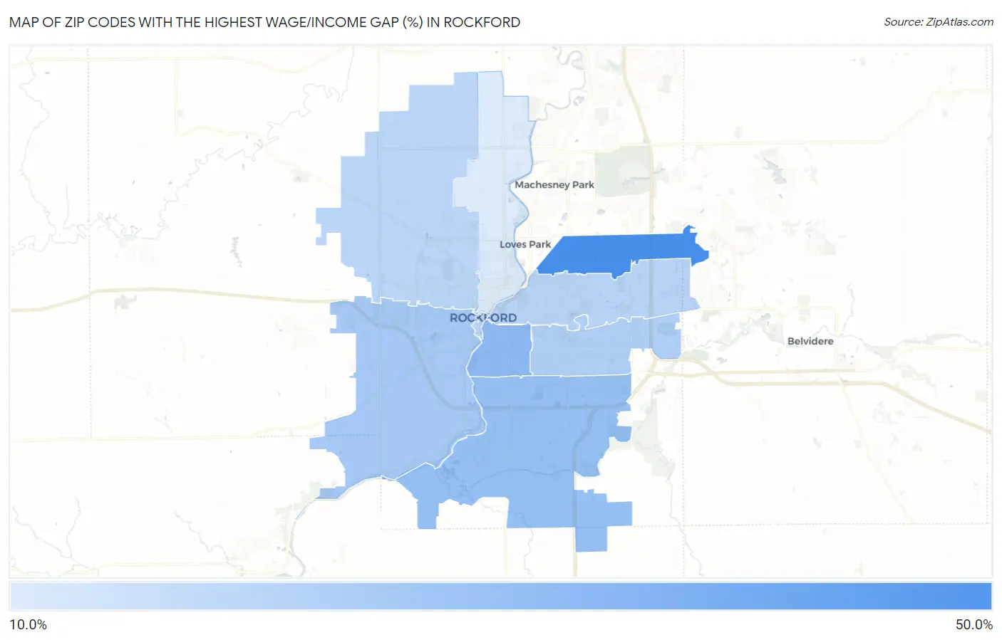 Zip Codes with the Highest Wage/Income Gap (%) in Rockford Map