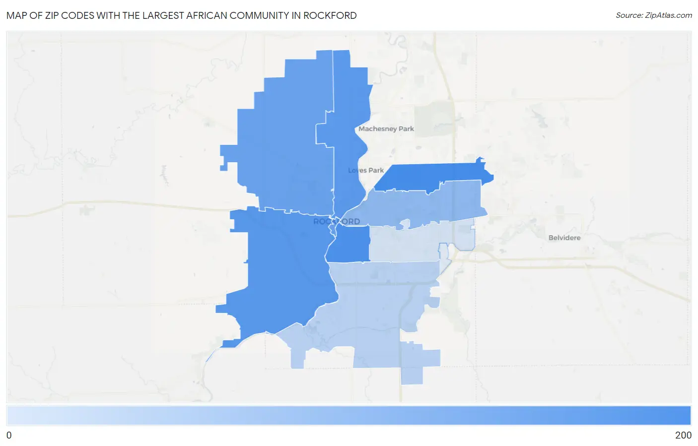 Zip Codes with the Largest African Community in Rockford Map
