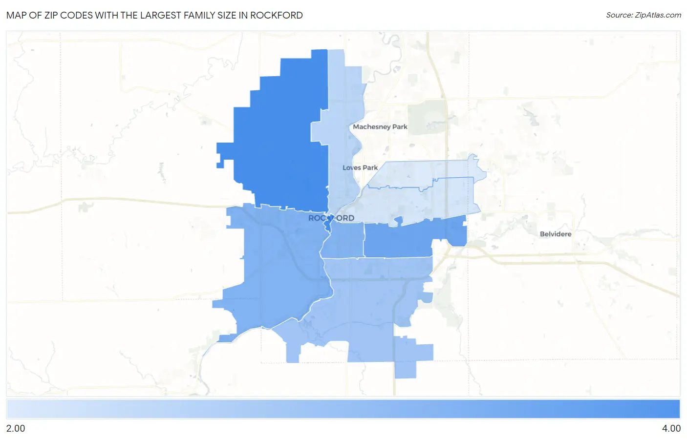 Zip Codes with the Largest Family Size in Rockford Map