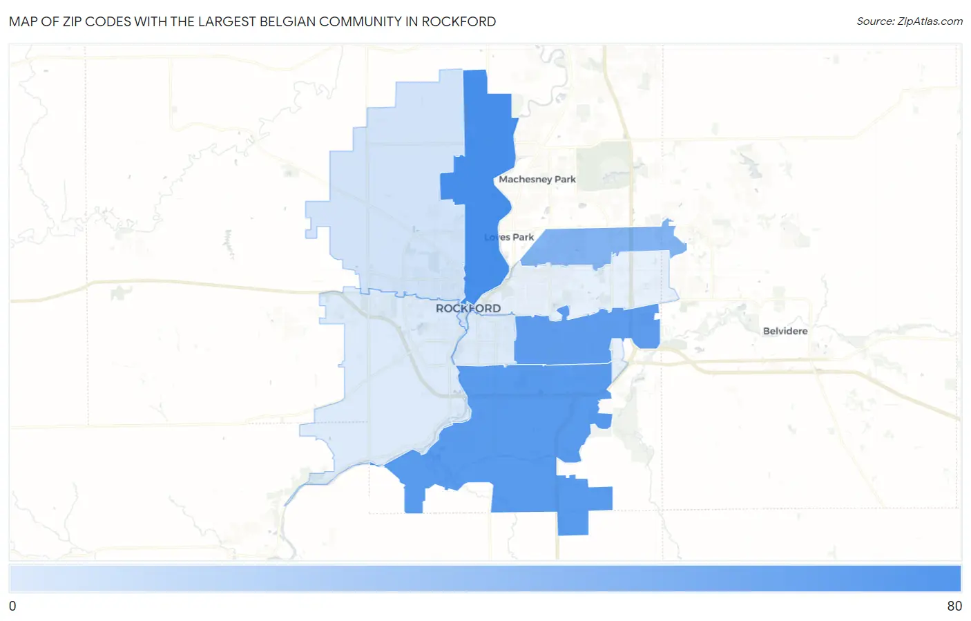 Zip Codes with the Largest Belgian Community in Rockford Map