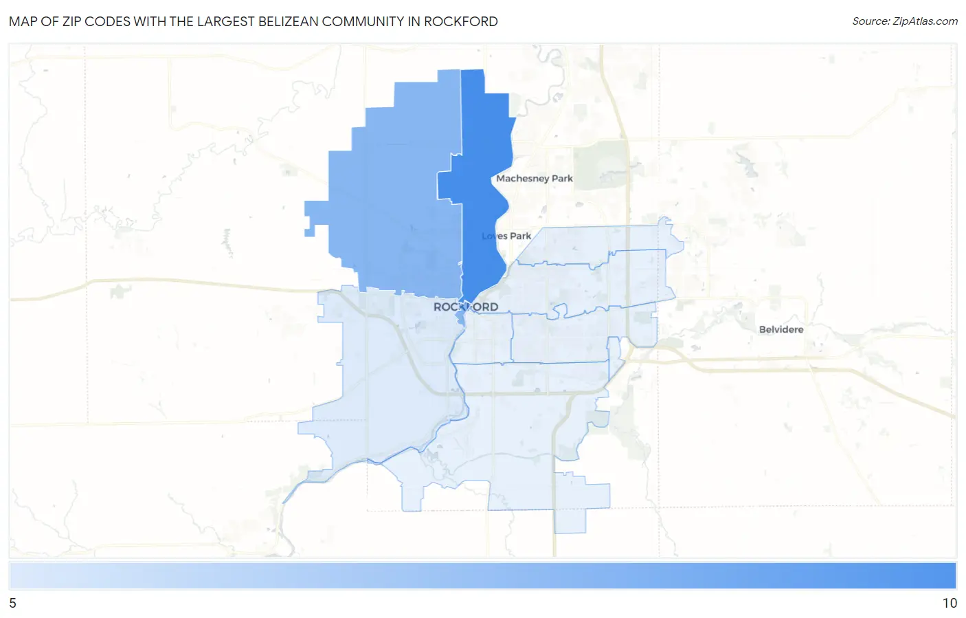 Zip Codes with the Largest Belizean Community in Rockford Map