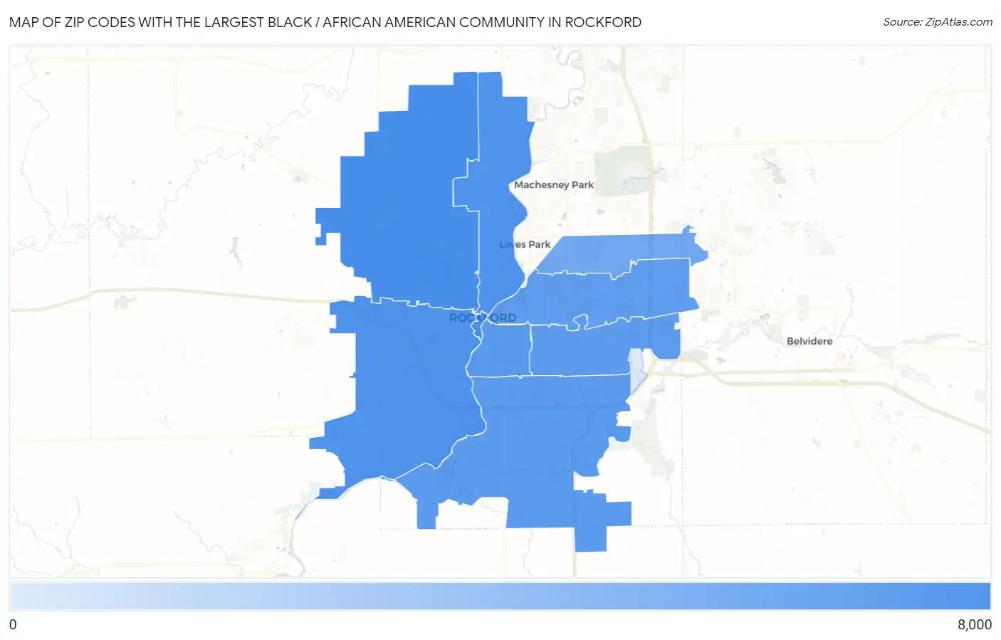 Zip Codes with the Largest Black / African American Community in Rockford Map