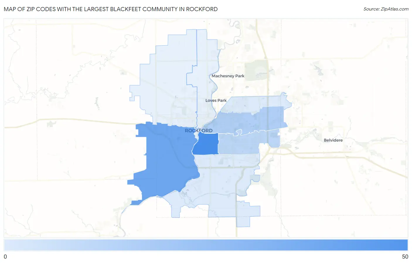 Zip Codes with the Largest Blackfeet Community in Rockford Map