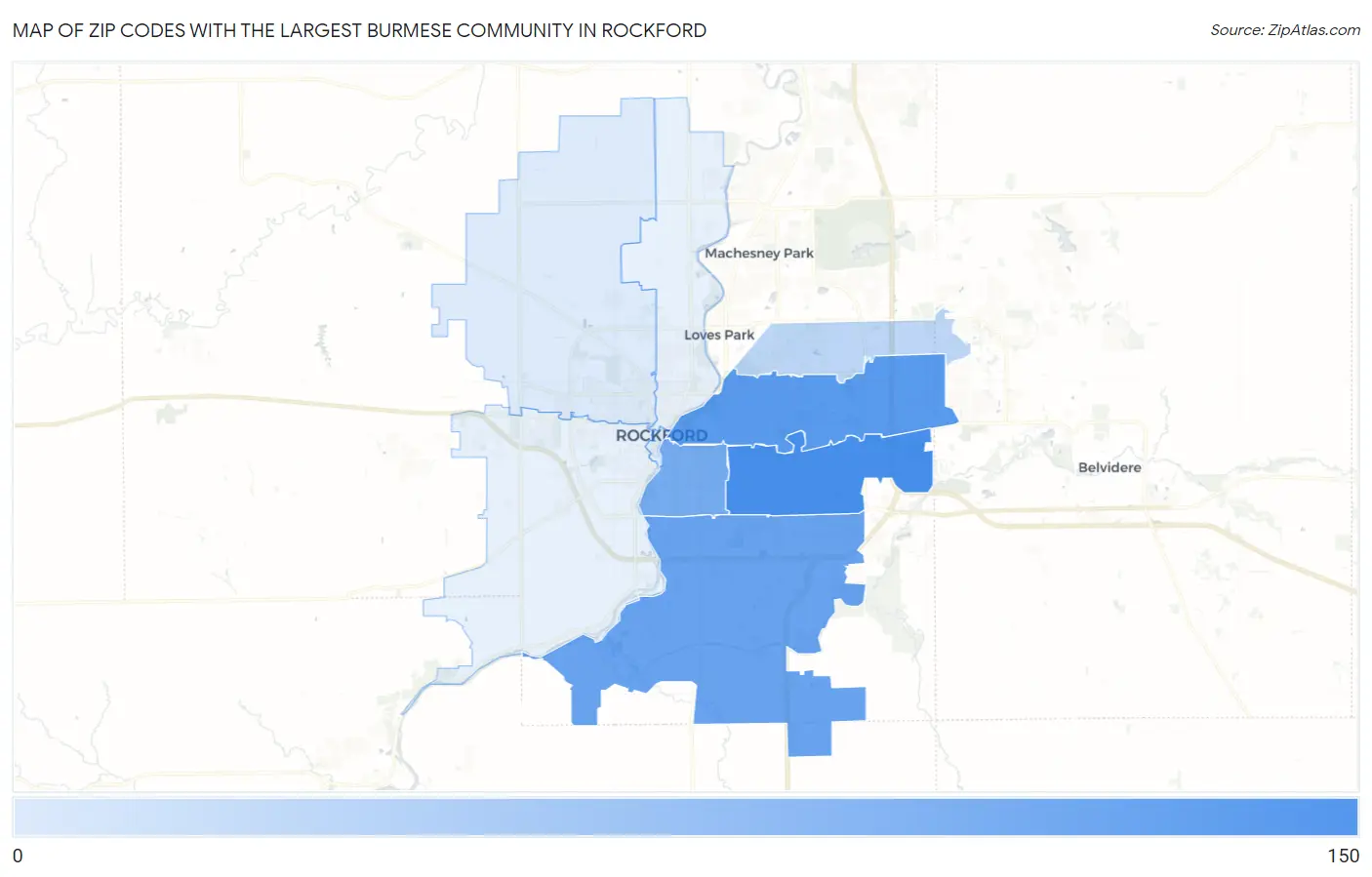 Zip Codes with the Largest Burmese Community in Rockford Map