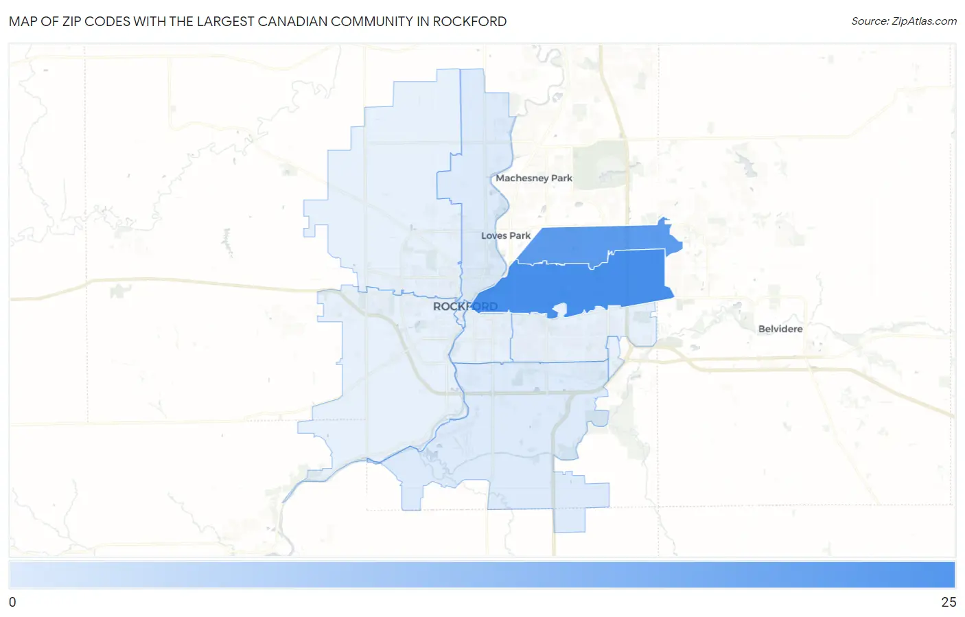 Zip Codes with the Largest Canadian Community in Rockford Map