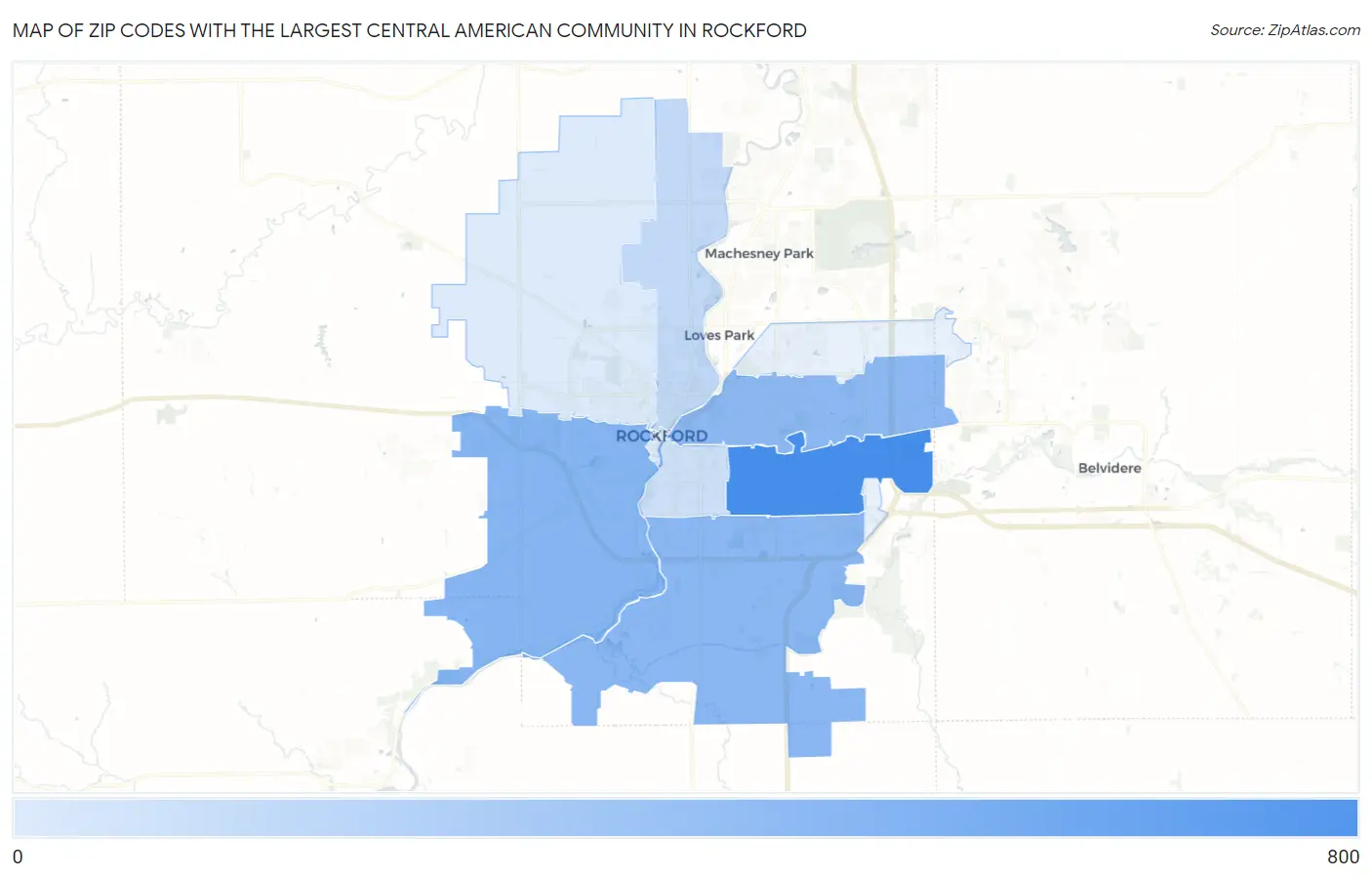 Zip Codes with the Largest Central American Community in Rockford Map