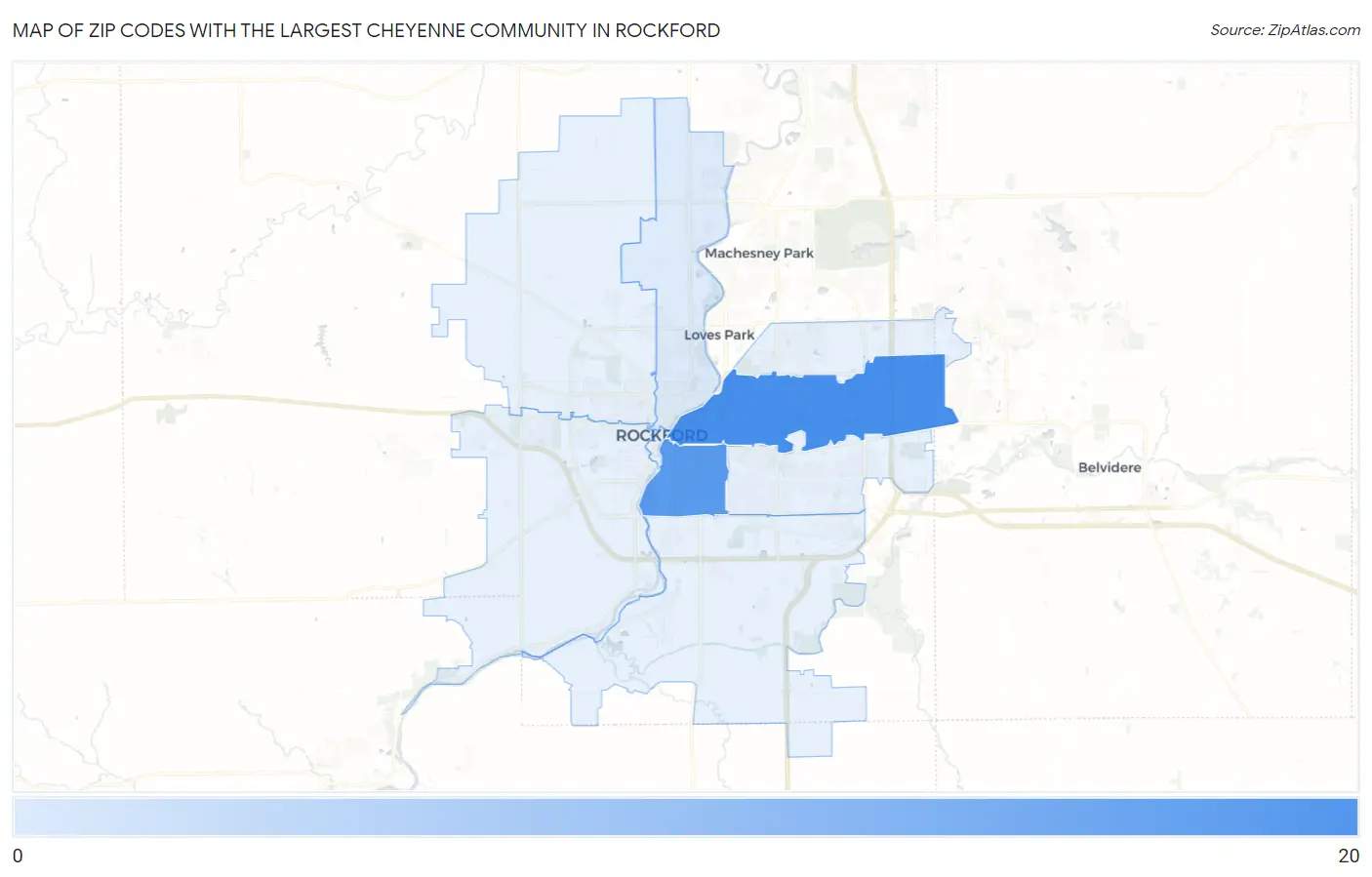 Zip Codes with the Largest Cheyenne Community in Rockford Map