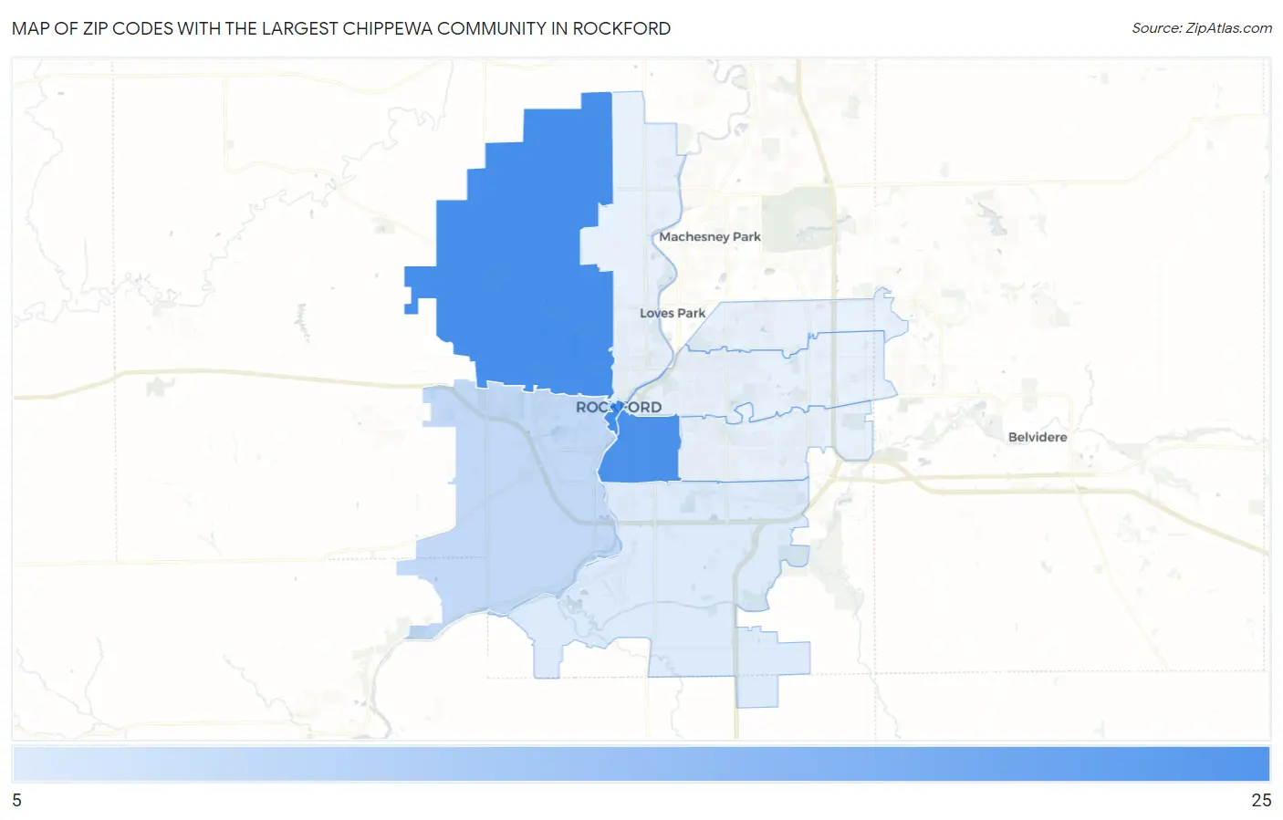 Zip Codes with the Largest Chippewa Community in Rockford Map