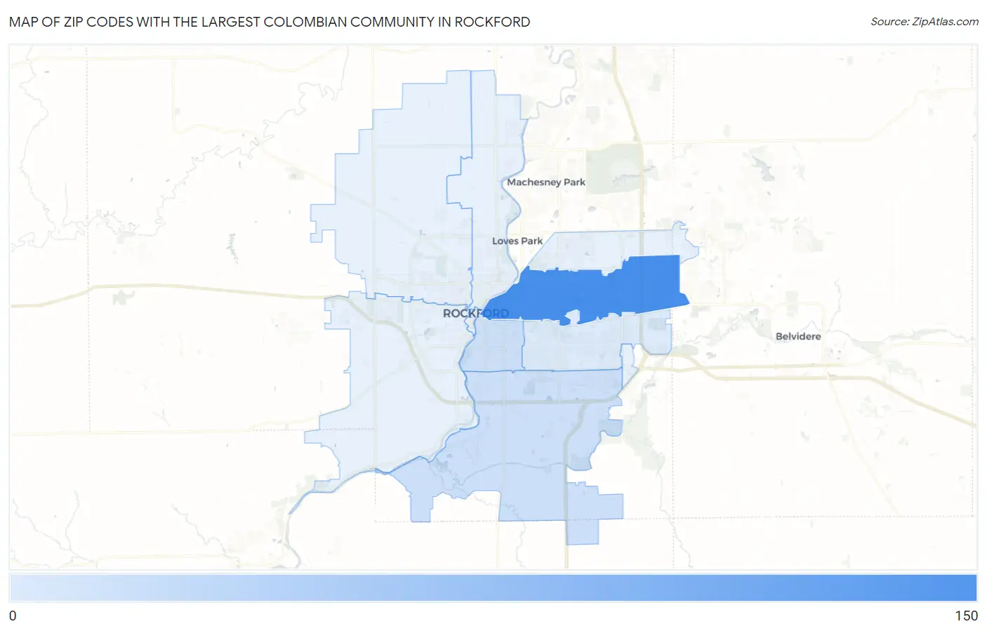 Zip Codes with the Largest Colombian Community in Rockford Map