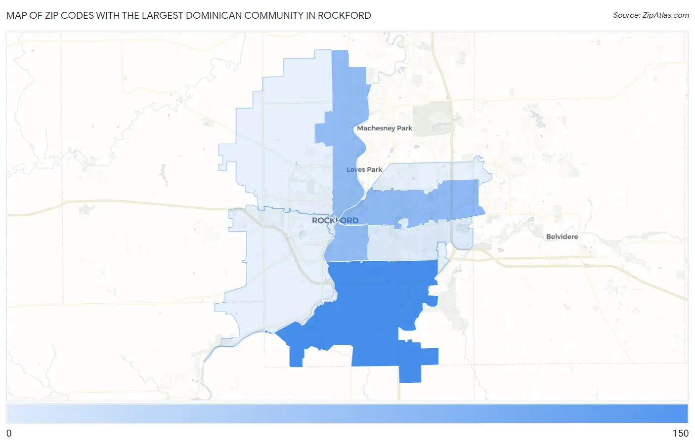 Zip Codes with the Largest Dominican Community in Rockford Map