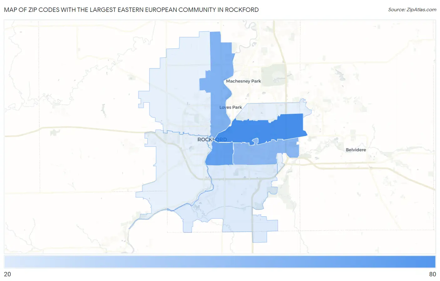Zip Codes with the Largest Eastern European Community in Rockford Map