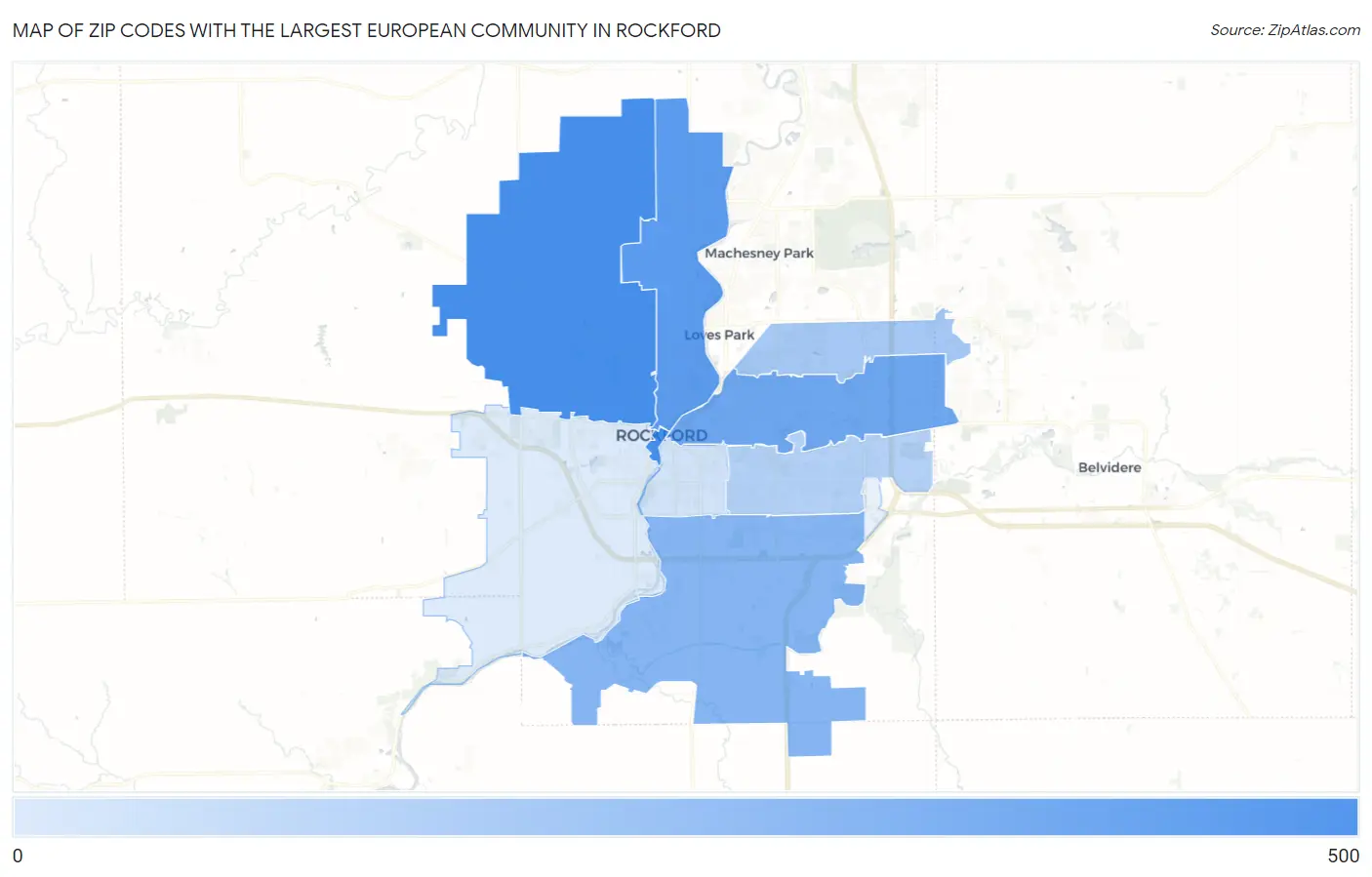 Zip Codes with the Largest European Community in Rockford Map