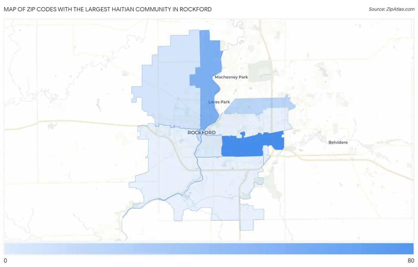 Zip Codes with the Largest Haitian Community in Rockford Map