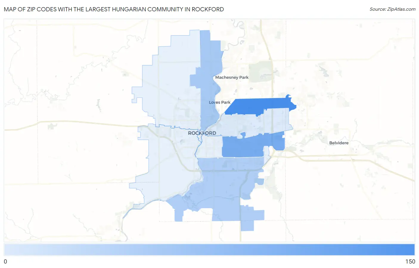 Zip Codes with the Largest Hungarian Community in Rockford Map