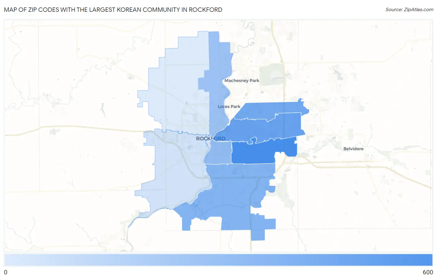 Zip Codes with the Largest Korean Community in Rockford Map