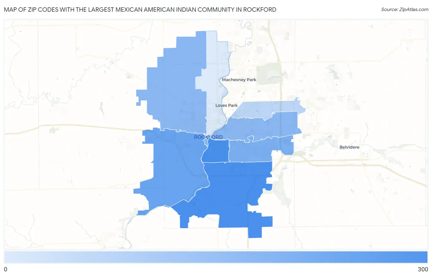Zip Codes with the Largest Mexican American Indian Community in Rockford Map
