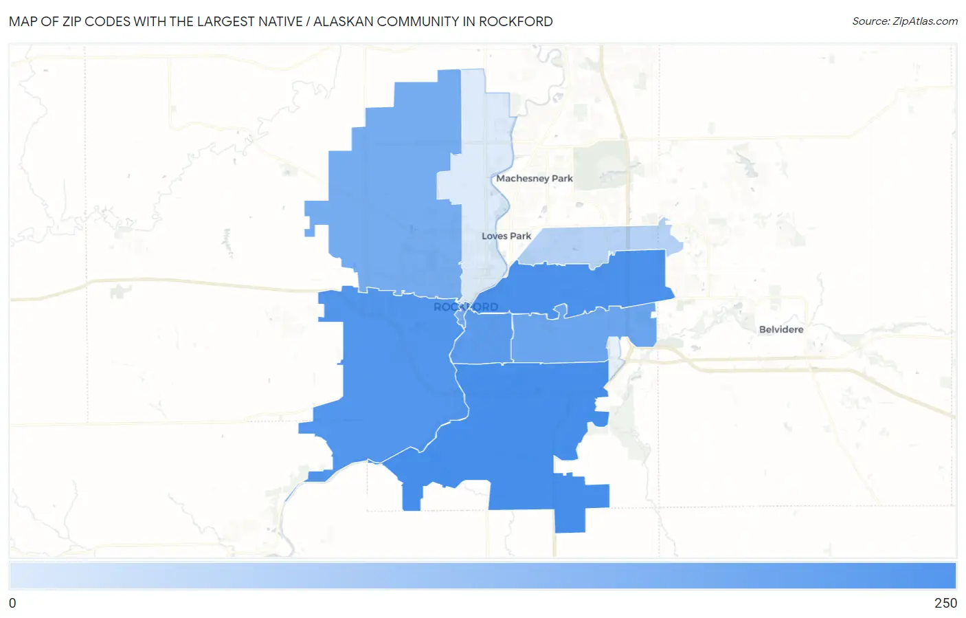Zip Codes with the Largest Native / Alaskan Community in Rockford Map