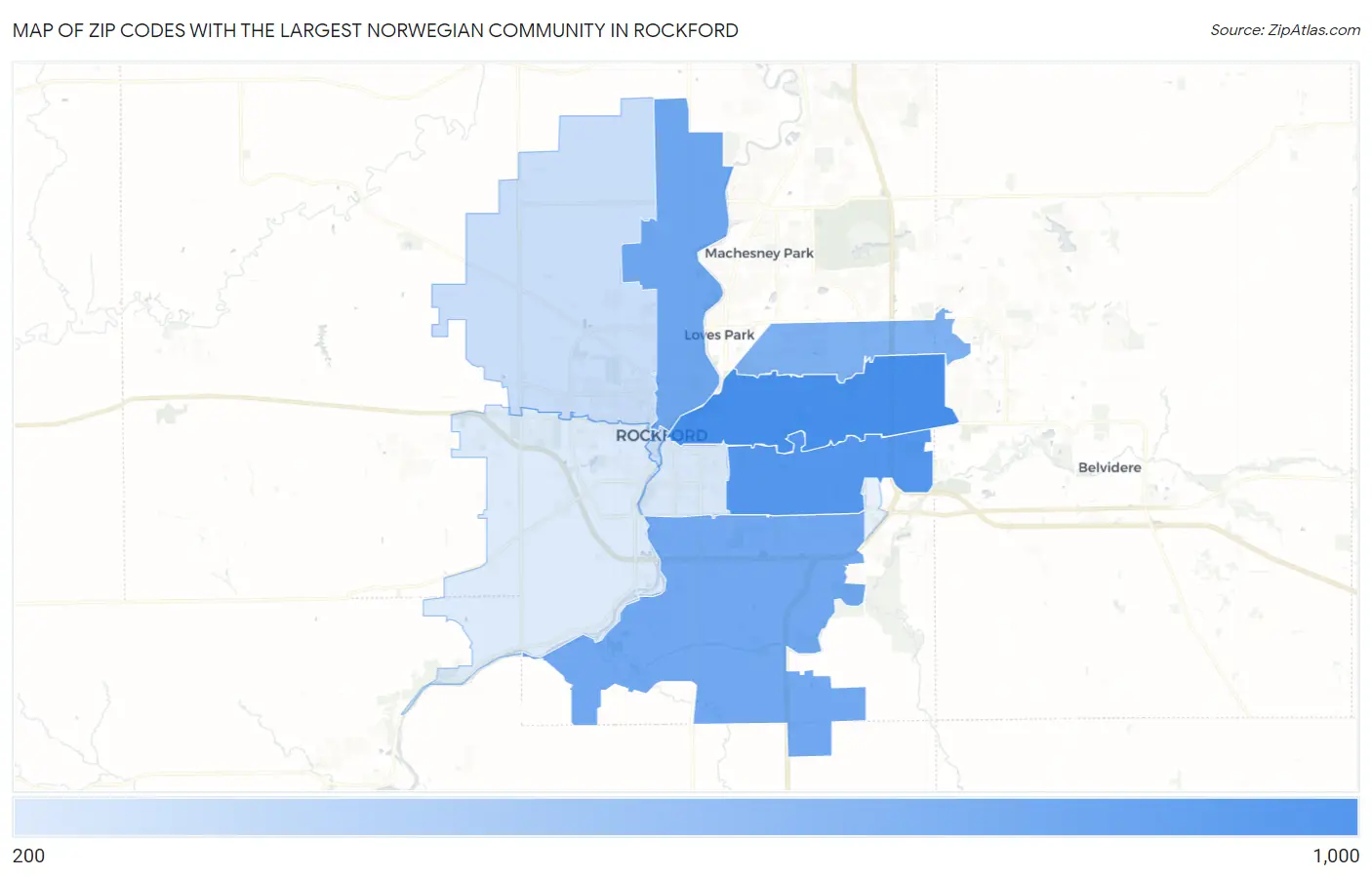 Zip Codes with the Largest Norwegian Community in Rockford Map