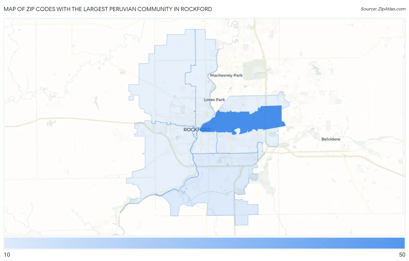 Zip Codes with the Largest Peruvian Community in Rockford Map