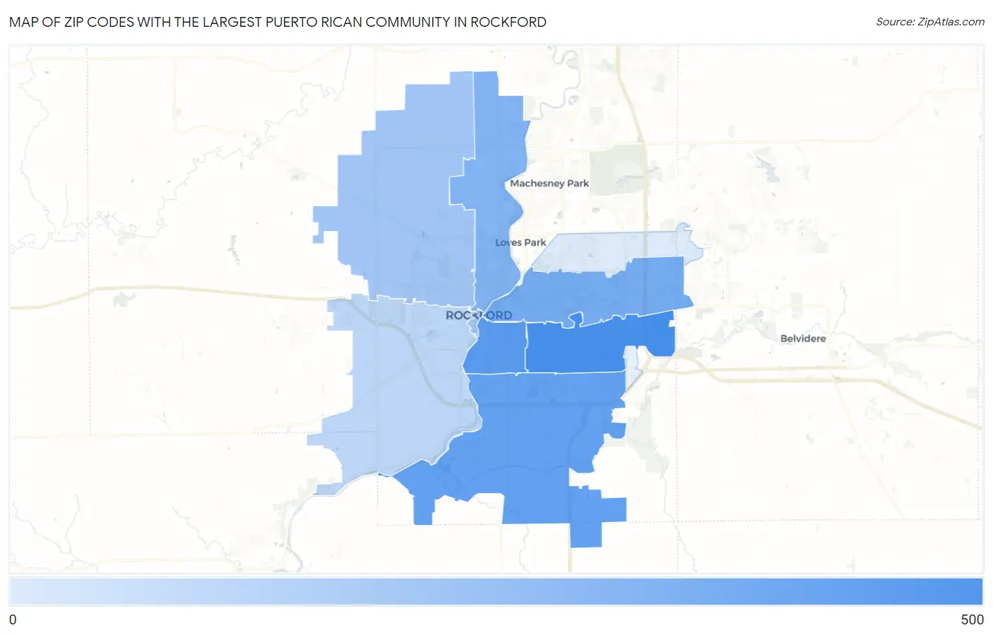 Zip Codes with the Largest Puerto Rican Community in Rockford Map