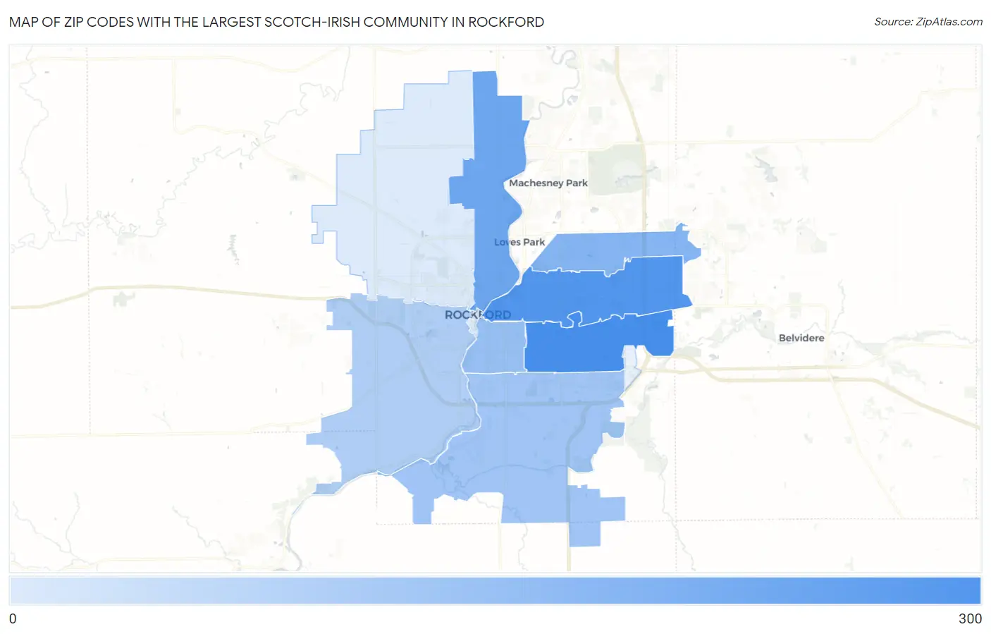 Zip Codes with the Largest Scotch-Irish Community in Rockford Map