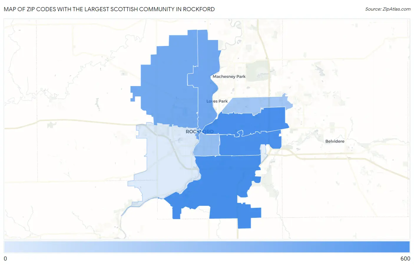 Zip Codes with the Largest Scottish Community in Rockford Map