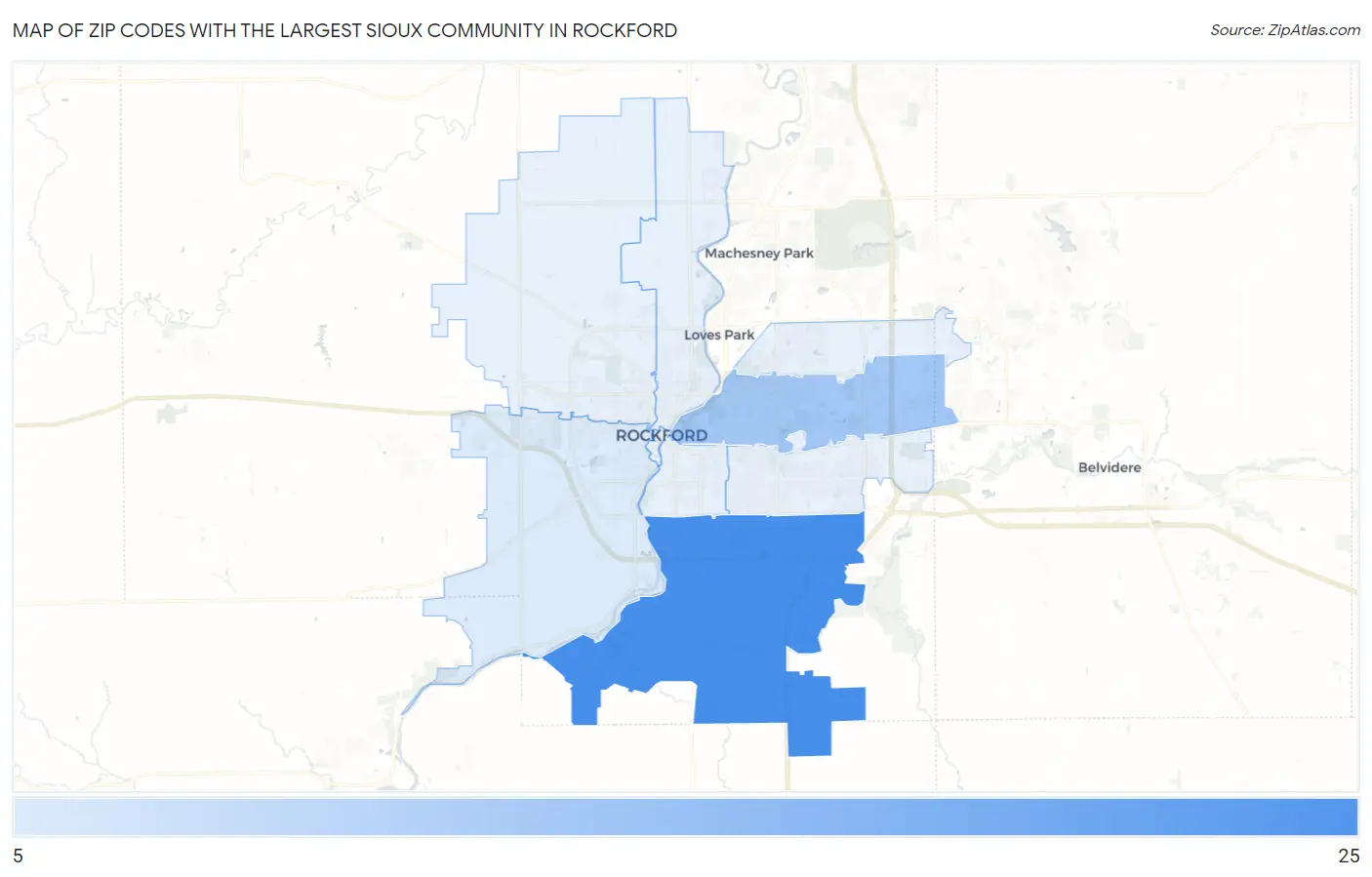 Zip Codes with the Largest Sioux Community in Rockford Map